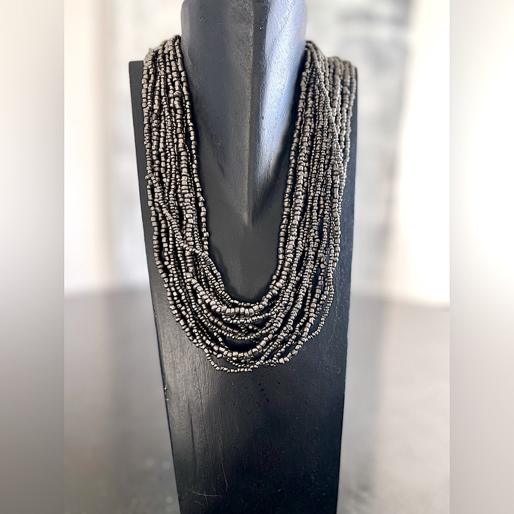 Gunmetal Gray Multi-Strand Beaded Necklace with Wooden Clasp